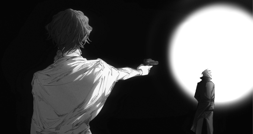 2boys absurdres aiming chinese_commentary coat commentary_request from_behind greyscale gun harada_minoru highres holding holding_gun holding_weapon lifop long_sleeves male_focus monochrome multiple_boys pants saibou_shinkyoku short_hair utsugi_noriyuki weapon