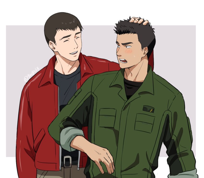 2boys 9wgt64 ao_isami black_hair black_shirt blush border brown_hair closed_eyes facial_hair facing_viewer green_jumpsuit grey_background highres jacket jumpsuit looking_at_another male_focus multiple_boys open_mouth red_jacket ruffling_hair ryuji_satake shirt short_hair sideburns_stubble simple_background stubble sweatdrop twitter_username upper_body white_border yuuki_bakuhatsu_bang_bravern