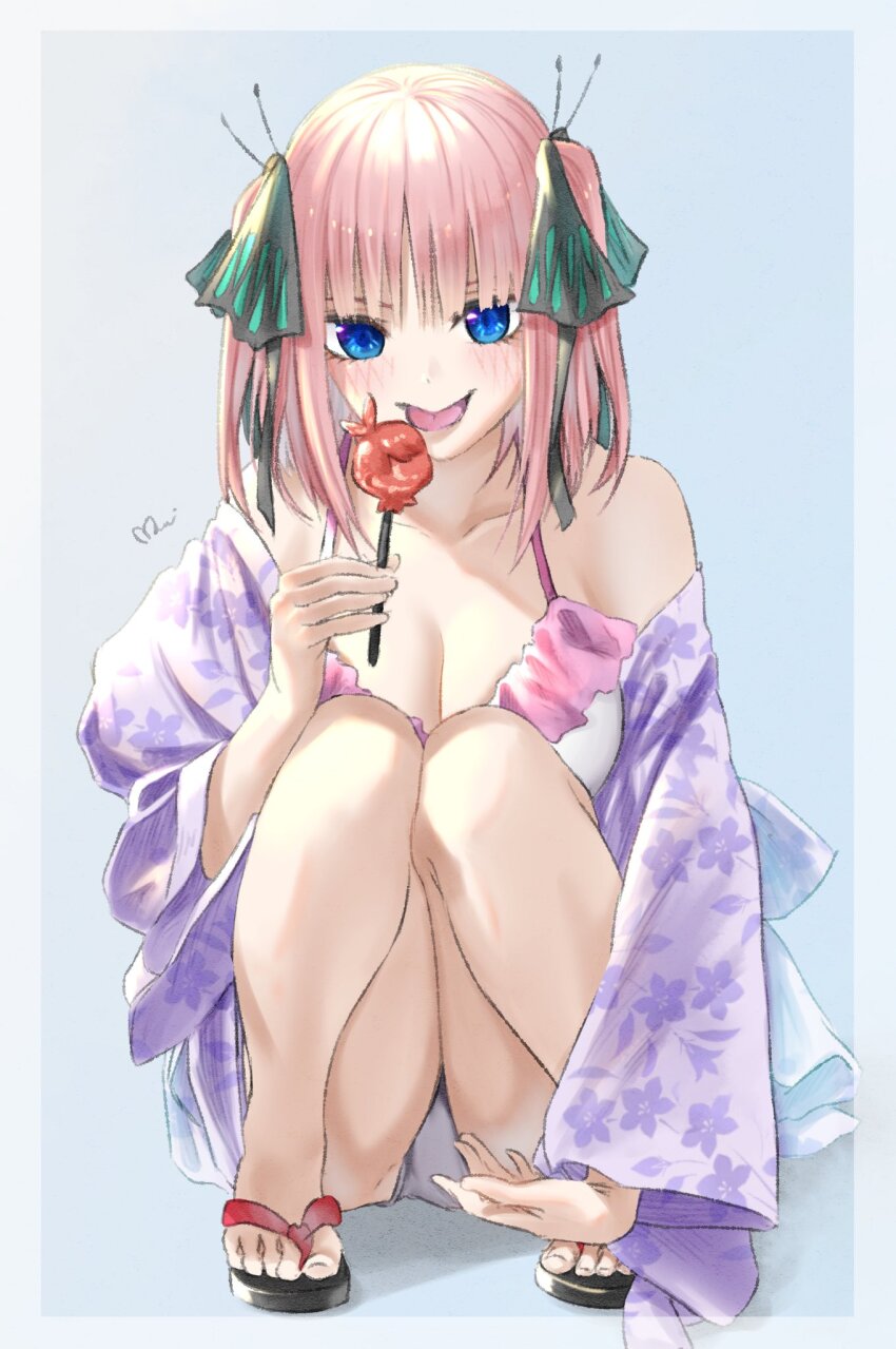 1girl alternate_costume bikini blue_background blue_border blue_eyes blush border breasts butterfly_hair_ornament candy_apple character-themed_food cleavage collarbone commentary floral_print floral_print_kimono food frilled_bikini frills go-toubun_no_hanayome hair_ornament highres holding_candy_apple japanese_clothes kimono large_breasts licking long_sleeves looking_at_viewer medium_hair mitsugu nakano_nino open_clothes open_kimono outside_border pink_hair print_kimono purple_kimono sandals short_kimono signature simple_background single_bare_shoulder solo squatting swimsuit toes tongue two_side_up upskirt white_bikini wide_sleeves yukata