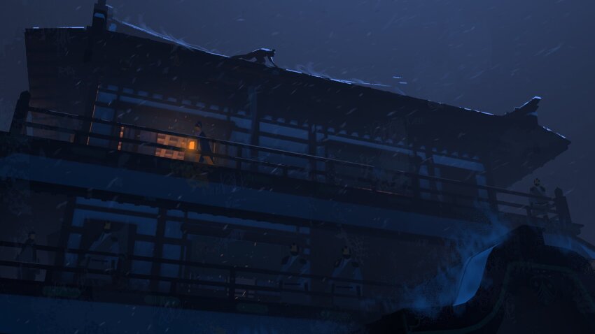 6+others architecture blue_eye_samurai building commentary concept_art east_asian_architecture english_commentary from_below highres house lantern light_rays moonlight multiple_others netflix night official_art open_door outdoors scenery sky snow snowing standing wind yun_ling