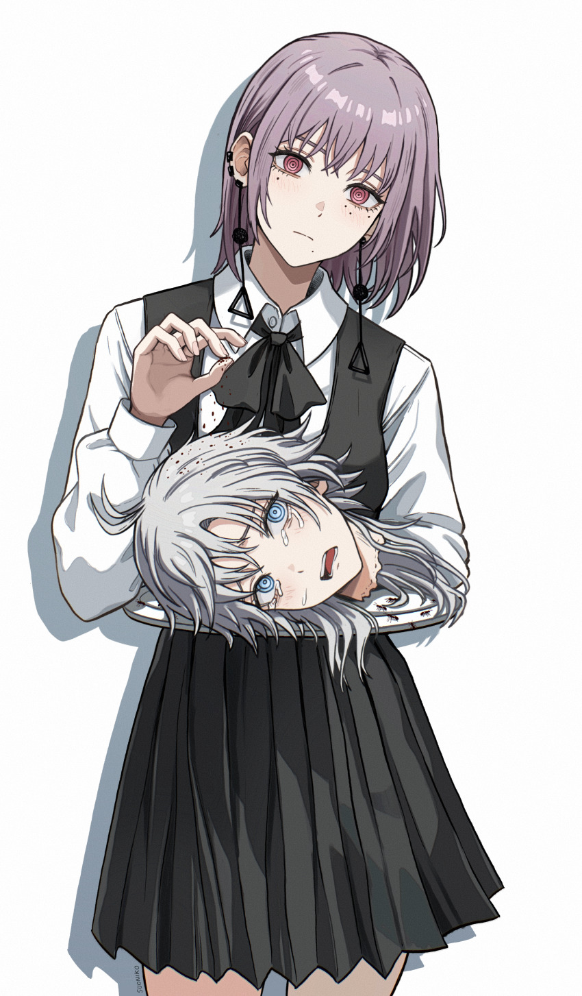 2girls absurdres black_dress blue_eyes chainsaw_man collared_shirt disembodied_head dress earrings fami_(chainsaw_man) fourth_east_high_school_uniform grey_hair highres holding holding_tray jewelry long_sleeves looking_at_viewer messy_hair mole mole_under_eye mole_under_mouth multiple_girls multiple_moles pepper_(spice) pinafore_dress purple_eyes purple_hair ringed_eyes school_uniform shirt simple_background sleeveless sleeveless_dress suoniko tray white_background white_haired_girl_(chainsaw_man)