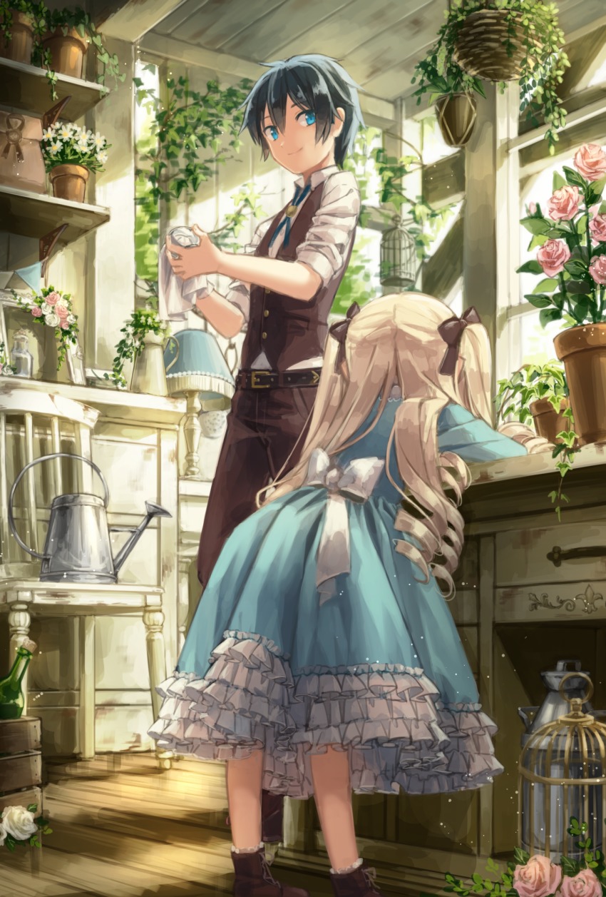 1boy 1girl age_difference belt birdcage black_bow black_hair blue_dress blue_eyes bolo_tie boots bottle bow brown_footwear brown_pants brown_vest cage chair child closed_mouth collared_shirt crate daisy day desk dress flower flower_pot frilled_dress frills hair_between_eyes hair_bow height_difference highres indoors ivy lamp leaning_forward looking_at_another original pants pink_flower pink_rose plant potted_plant red_flower red_rose ringlets rose shelf shirt sleeves_pushed_up smile standing sunlight two_side_up vest vines waistcoat watering_can white_shirt window wing_collar wooden_floor yumeichigo_alice