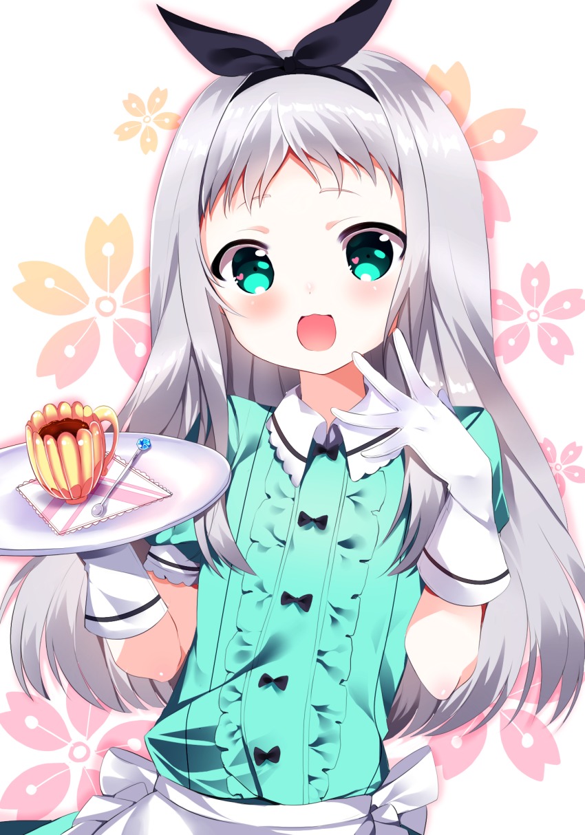 1boy aqua_eyes blend_s blush cup gloves grey_hair highres holding holding_plate kanzaki_hideri long_hair looking_at_viewer male_focus open_mouth plate short_sleeves shu_(pjxv7485) smile solo spoon tea teacup trap white_gloves