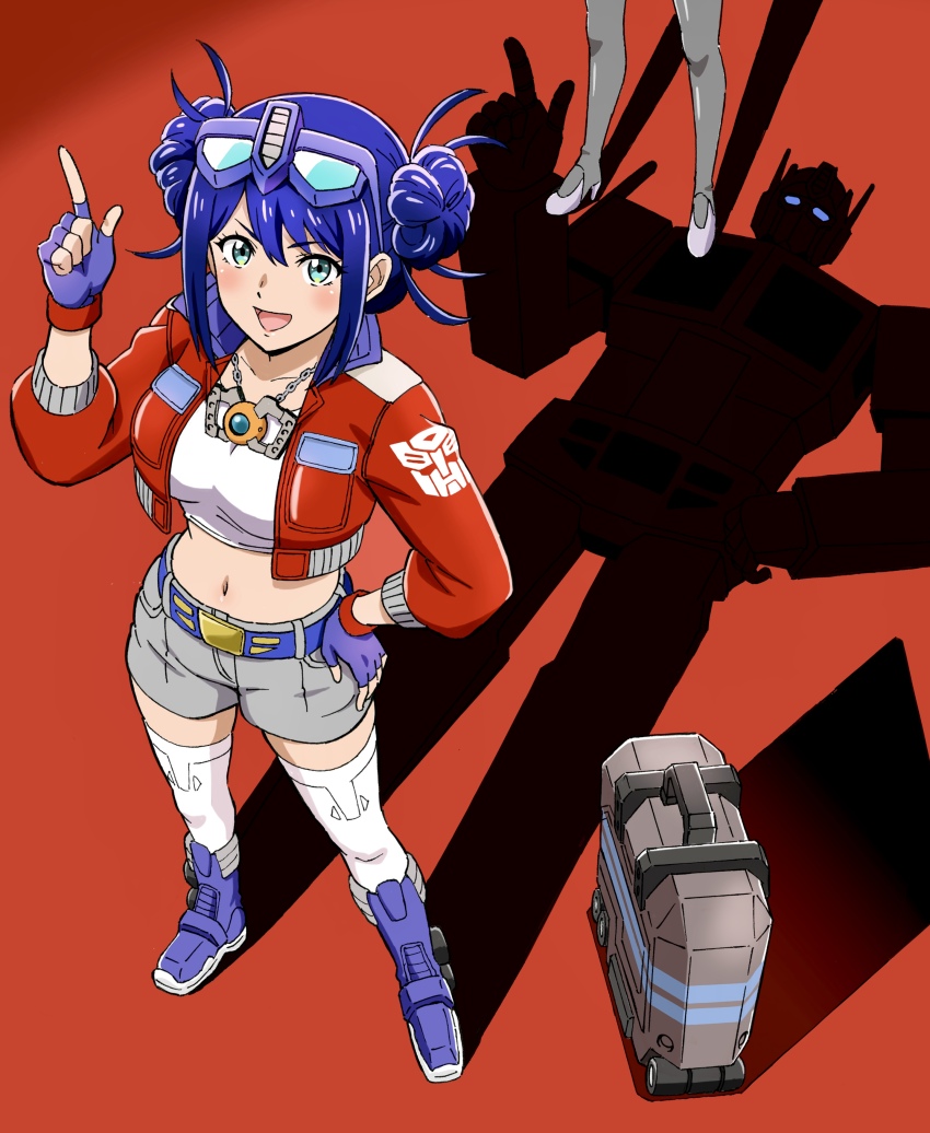 2girls absurdres autobot blue_footwear blue_gloves blue_hair boots breasts briefcase collarbone crop_top cropped_jacket cropped_shirt different_shadow double_bun eyewear_on_head finger_gun fingerless_gloves from_above genderswap genderswap_(mtf) glasses gloves grey_gloves hair_bun hand_on_own_hip highres humanization jacket jewelry komagoma kotobukiya_bishoujo matrix_of_leadership mecha medium_breasts megatron megatron_(kotobukiya_bishoujo) midriff multiple_girls navel necklace optimus_prime optimus_prime_(kotobukiya_bishoujo) pointing pointing_up red_jacket robot smile solo_focus thighhighs transformers transformers:_generation_1 white_thighhighs
