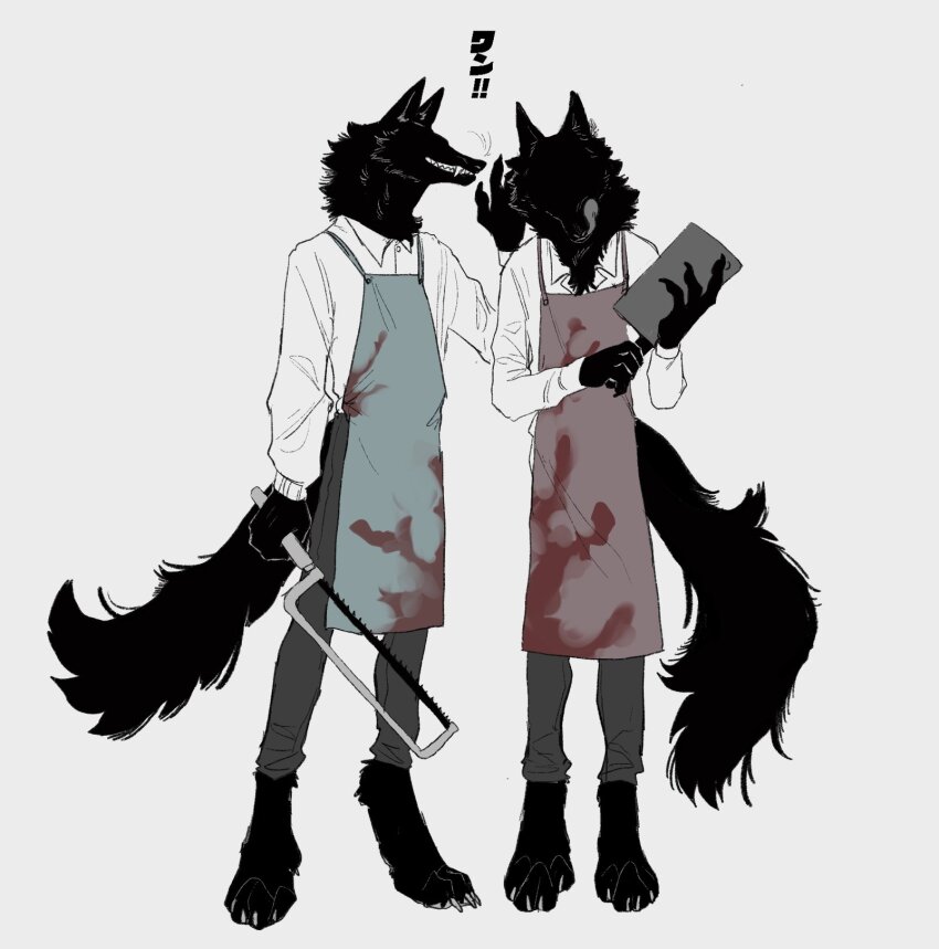 2boys apron black_fur blood blood_on_clothes cleaver dog_boy fangs full_body furry furry_male green_apron hacksaw highres holding holding_weapon licking_lips male_focus multiple_boys muted_color original red_apron saw simple_background tongue tongue_out weapon white_background zumi3