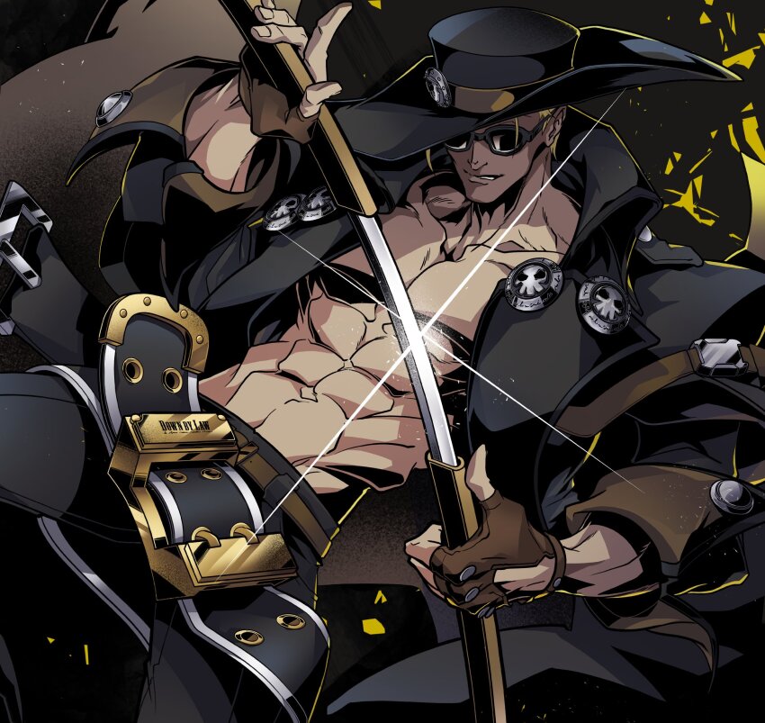 1boy arm_belt arm_up belt belt_buckle black_belt black_coat black_hat black_pants black_theme blonde_hair brown_belt buckle coat collared_coat cowboy_shot don_ten_usagi fingerless_gloves glasses glove_cutout gloves guilty_gear guilty_gear_strive hat highres holding holding_sword holding_weapon index_finger_raised johnny_(guilty_gear) male_focus open_clothes open_coat pants sheath short_hair skull_ornament sleeve_cuffs sparkle studded_gloves sunglasses sword unsheathing weapon
