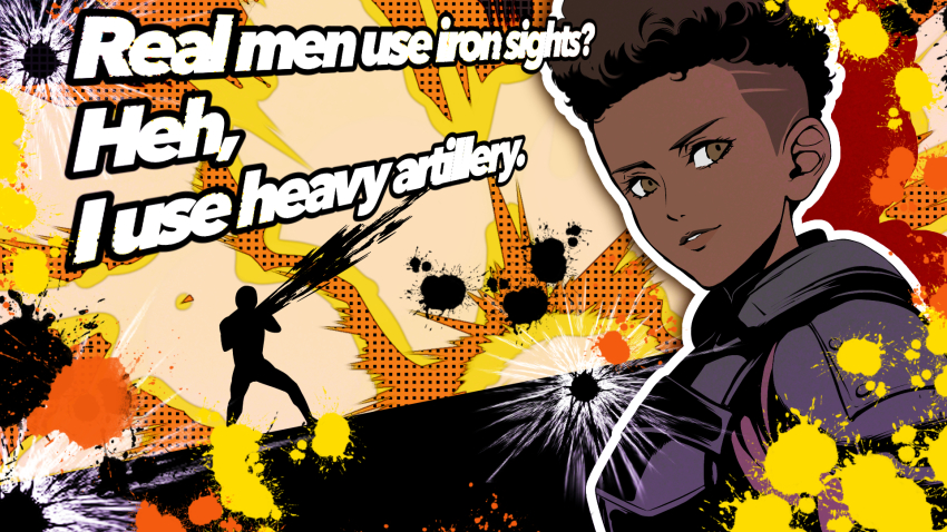 1girl all-out_attack animification apex_legends armor bangalore_(apex_legends) brown_eyes brown_hair dark-skinned_female dark_skin english_text highres paint_splatter parody parted_lips persona persona_5 soejima_shigenori_(style) solo_focus source_quote style_parody undercut usaginu