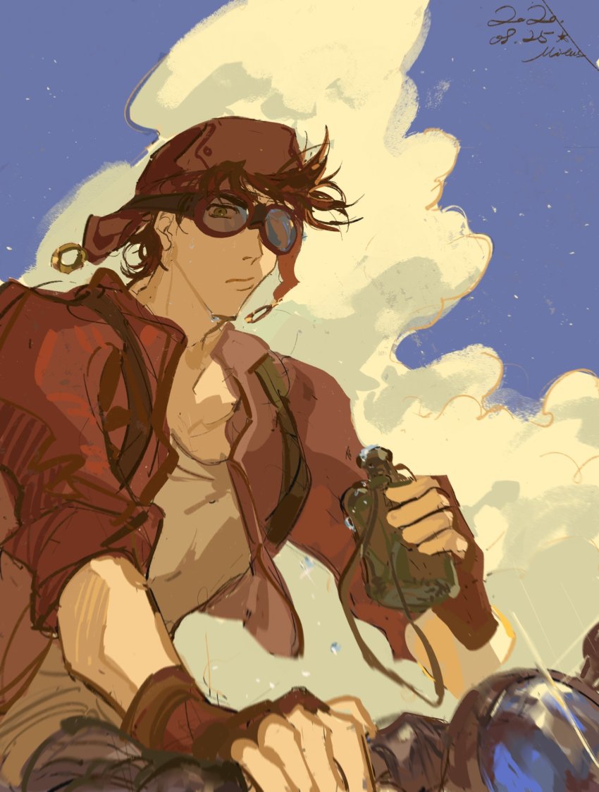 1boy aviator_cap battle_tendency binoculars brown_hair cloud cropped_jacket fingerless_gloves gloves goggles hat highres holding holding_binoculars jojo_no_kimyou_na_bouken joseph_joestar joseph_joestar_(young) male_focus mitus motor_vehicle motorcycle muted_color short_sleeves solo