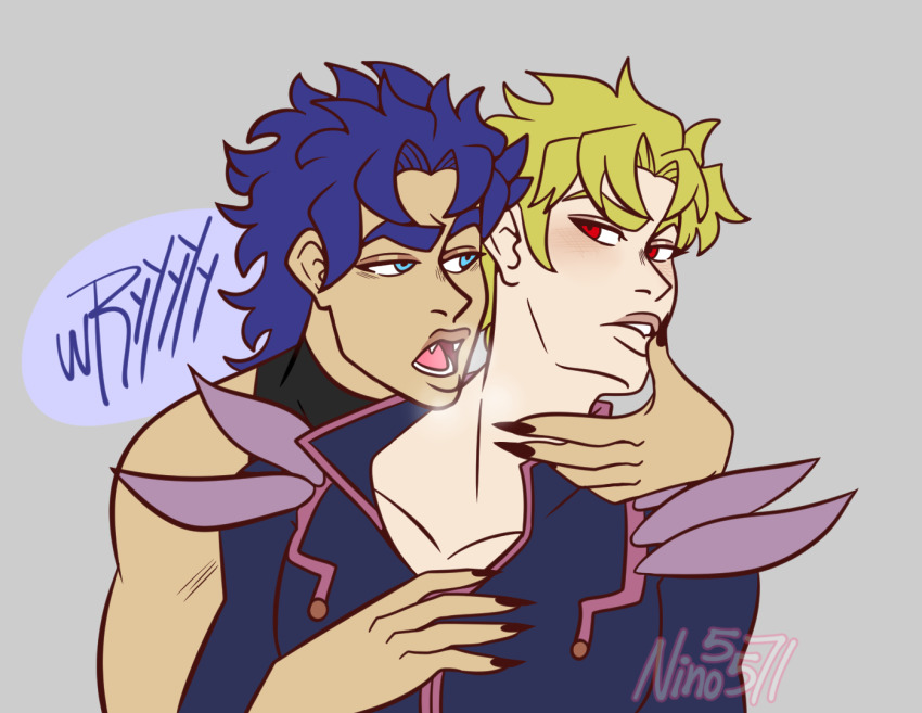 alternate_universe artist_name blonde_hair blue_eyes blue_hair dio_brando feathers jojo_no_kimyou_na_bouken jonathan_joestar male_focus nino5571 open_mouth phantom_blood red_eyes short_hair vampire wryyyyyyyyyyyyyyyyyyyy yaoi