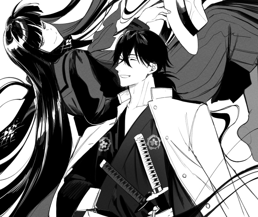 1boy 1girl ^_^ closed_eyes commentary_request couple fate/grand_order fate_(series) fedora floating greyscale grin hair_between_eyes hat highres holding holding_unworn_clothes holding_unworn_hat husband_and_wife jacket jacket_on_shoulders japanese_clothes katana kimono koha-ace long_hair long_skirt long_sleeves looking_at_another monochrome oryou_(fate) ponytail ryousuke_(tukr5384) sakamoto_ryouma_(fate) sakamoto_ryouma_(lancer)_(fate) scarf skirt smile sword teeth unworn_hat unworn_headwear very_long_hair weapon wide_sleeves