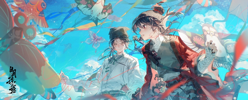 2boys absurdres artist_request bandaged_arm bandaged_chest bandaged_hand bandaged_neck bandages black_eyes black_hair black_hanfu black_hat black_nails blue_sky chinese_clothes chinese_commentary chinese_text cloud coat commission creature dao_gui_yi_xian day eyeball floating_hair hair_bun hair_ribbon hand_up hanfu hat highres holding_kite jin_(headwear) kite kite_flying li_huowang li_sui_(tentacles) long_hair long_sleeves looking_at_another male_focus medium_hair multiple_boys nail_polish outdoors red_coat red_eyes red_ribbon ribbon sample_watermark second-party_source single_hair_bun sky smile string string_of_fate sword sword_on_back tassel tentacles watermark weapon weapon_on_back white_hanfu wind yaoi zhouzi_jin_(headwear) zhuge_yuan