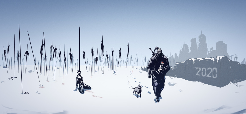 2020 2others animal battlefield blood carrying child commentary coronavirus_pandemic corpse death dog english_commentary full_body grey_sky guro helmet highres holding holding_behind_back holding_sword holding_sword_behind_back holding_weapon holding_weapon_behind_back impaled izra knight multiple_others original planted planted_spear polearm red_blindfold ruins sheath sheathed sky snow spear spot_color stuffed_animal stuffed_toy sword teddy_bear walking weapon