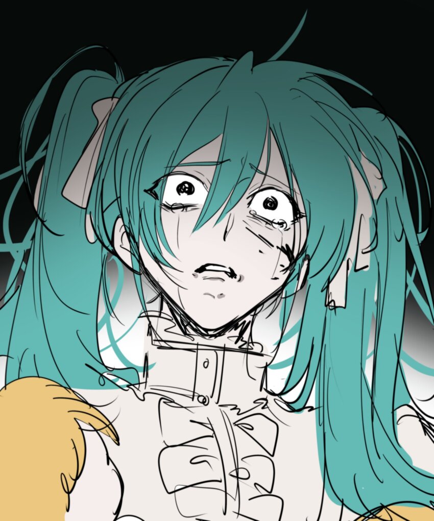 1boy 2girls aqua_hair baby bags_under_eyes black_blood black_eyes blonde_hair blood blood_on_face blouse carrying carrying_baby carrying_person clenched_teeth crying crying_with_eyes_open eve_moonlit evillious_nendaiki frilled_shirt frills gretel_(evillious_nendaiki) hair_between_eyes hansel_(evillious_nendaiki) hatsune_miku highres horrified kaimiku_yummy long_hair messy_hair moonlit_bear_(vocaloid) multiple_girls realization shirt siblings squiggle_eyes streaming_tears tears teeth twins twintails very_long_hair vocaloid