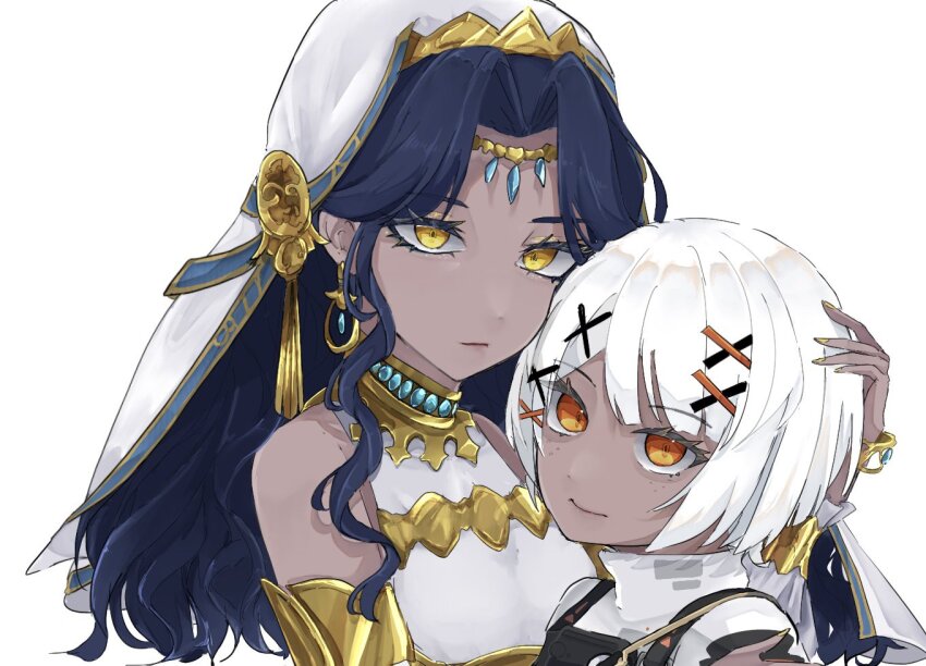 2girls bare_shoulders black_hair bodysuit character_request dark-skinned_female dark_skin dress earrings gold_armlet gold_collar gold_earrings hair_ornament hand_on_another&#039;s_head jewelry leeum8s long_hair looking_at_viewer multiple_girls orange_eyes punishing:_gray_raven short_hair sophia_(pgr) veil white_background white_bodysuit white_dress white_hair white_veil x_hair_ornament yellow_eyes