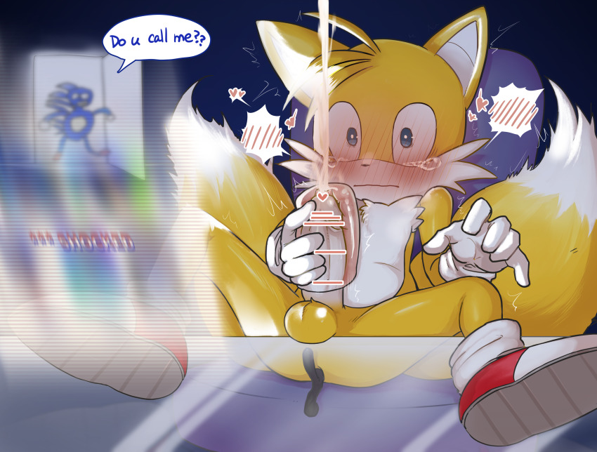 2boys absurdres anal anal_object_insertion aneros artificial_vagina bar_censor blue_eyes blush body_fur caught censored cum ejaculation english_text furry furry_male heart heart_censor highres male_focus male_penetrated masturbation multiple_boys nohtuy object_insertion penis sex_toy sonic_(series) sonic_the_hedgehog tails_(sonic) testicles walk-in yaoi