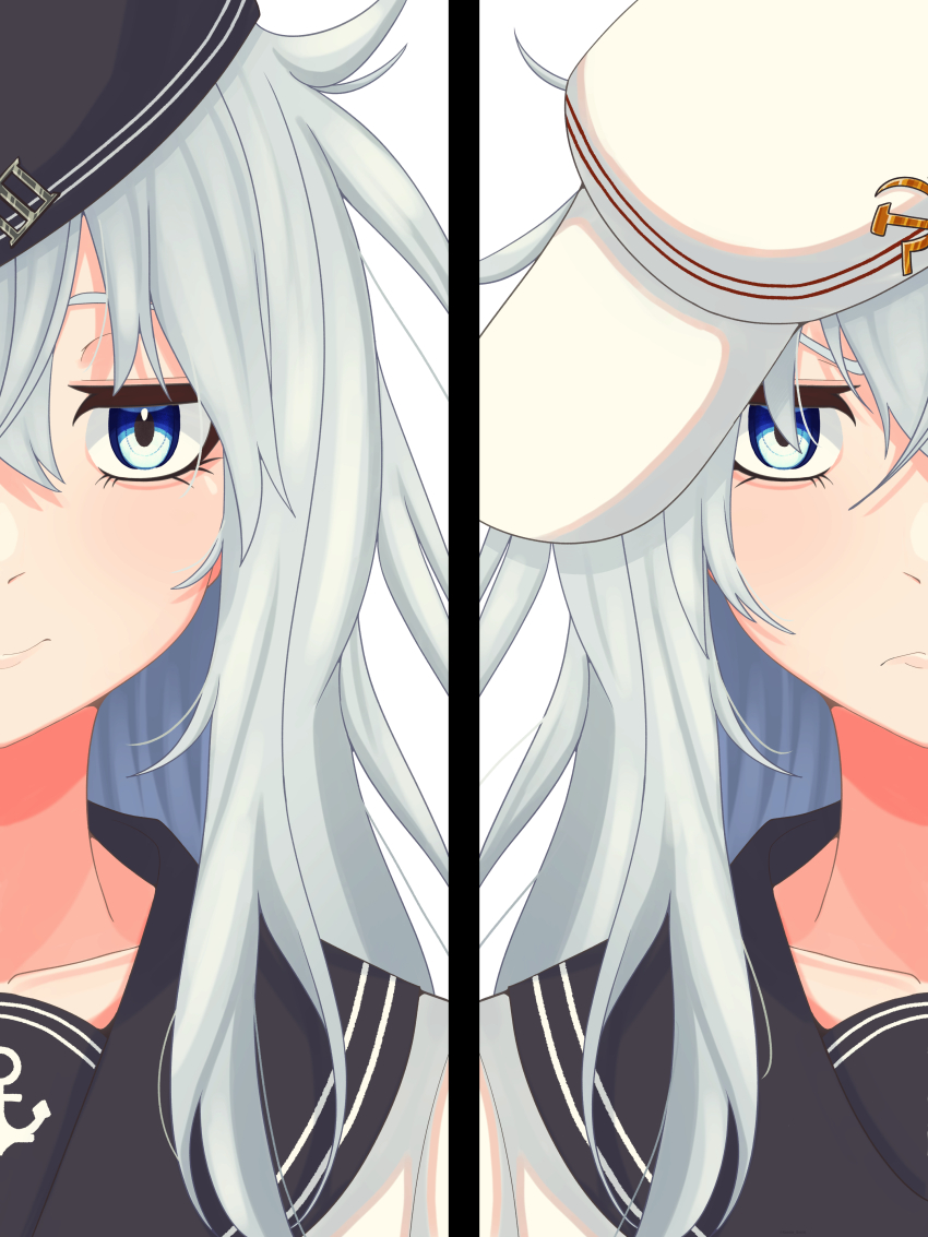 1girl absurdres anchor_symbol black_hat black_sailor_collar blue_eyes closed_mouth commentary_request daichi_(daiti1318) dual_persona flat_cap grey_hair hair_between_eyes hammer_and_sickle hat hibiki_(kancolle) highres kantai_collection long_hair looking_at_viewer sailor_collar school_uniform serafuku simple_background smile verniy_(kancolle) white_hat