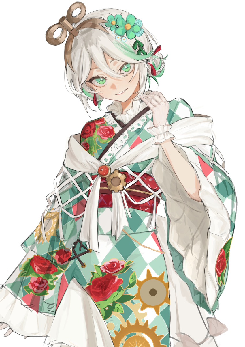 1girl absurdres argyle_clothes argyle_kimono bright_pupils cecilia_immergreen cecilia_immergreen_(new_year) clockwork collar commentary cowboy_shot doll_joints double-parted_bangs double_bun floral_print floral_print_kimono frilled_collar frilled_kimono frilled_sleeves frilled_wrist_cuffs frills furisode gears gears_print gloves green_eyes green_kimono green_streaks grey_hair h3liveh3 hair_bun hair_ornament head_tilt highres hololive hololive_english japanese_clothes joints kanzashi kimono layered_kimono long_bangs looking_at_viewer multicolored_hair obi obijime print_kimono sanpaku sash shawl side_slit simple_background smile solo streaked_hair tsumami_kanzashi tsurime virtual_youtuber white_background white_gloves white_shawl winding_key wrist_cuffs