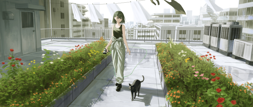 1girl absurdres black_eyes black_hair black_tank_top cat clothesline commentary_request condenser_unit day flower grey_pants hair_ornament hairclip highres holding holding_hose hose jun_(inrshun) medium_hair open_mouth original outdoors pants rooftop tank_top