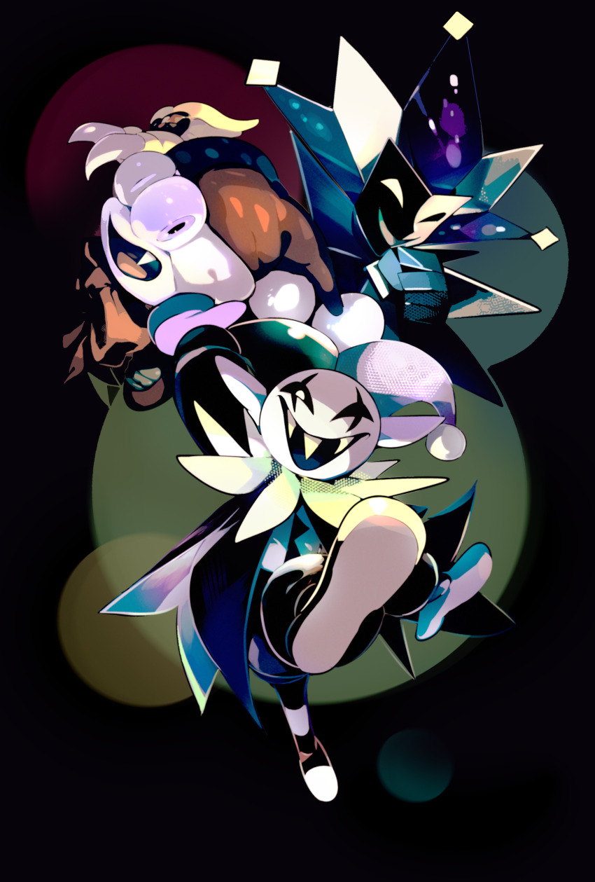 3boys absurdres arm_up claws clown clown_boy crossover deltarune dimentio fang hat highres higuchi_megumi jester jester_boy jester_cap jevil kirby_(series) looking_at_viewer male_focus mario_(series) marx_(kirby) mask multiple_boys nintendo no_humans paper_mario pointy_ears pom_pom_(clothes) purple_eyes sharp_teeth simple_background super_paper_mario teeth wings