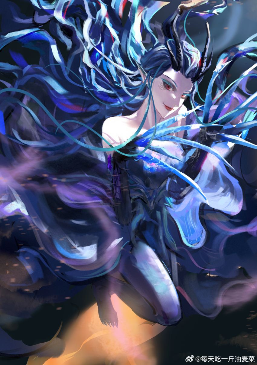 1girl absurdres ao_run_(nezha_zhi_motong_jiangshi) blue_hair blue_scales dragon_girl dragon_horns highres horns long_hair meitian_chi_yi_jin_youmaicai nezha_zhi_motong_jiangshi pointy_ears red_eyes solo very_long_hair