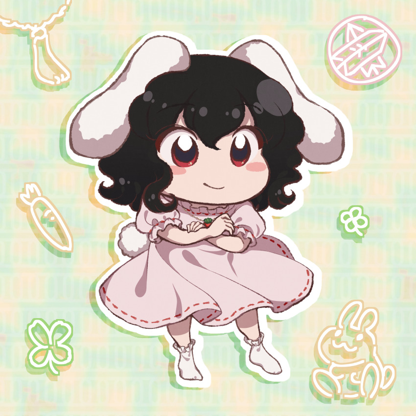 1girl :3 absurdres animal_ears black_hair blush carrot carrot_necklace chibi closed_mouth clover commentary_request crossed_arms dress flat_chest floppy_ears four-leaf_clover frilled_sleeves frilled_socks frills full_body highres inaba_tewi jewelry looking_at_viewer necklace no_shoes pink_dress puffy_short_sleeves puffy_sleeves rabbit rabbit_ears rabbit_girl rabbit_tail rabbits_foot red_eyes ribbon-trimmed_dress ribbon_trim rue_0908 short_hair short_sleeves smile socks solo tail touhou wavy_hair white_socks