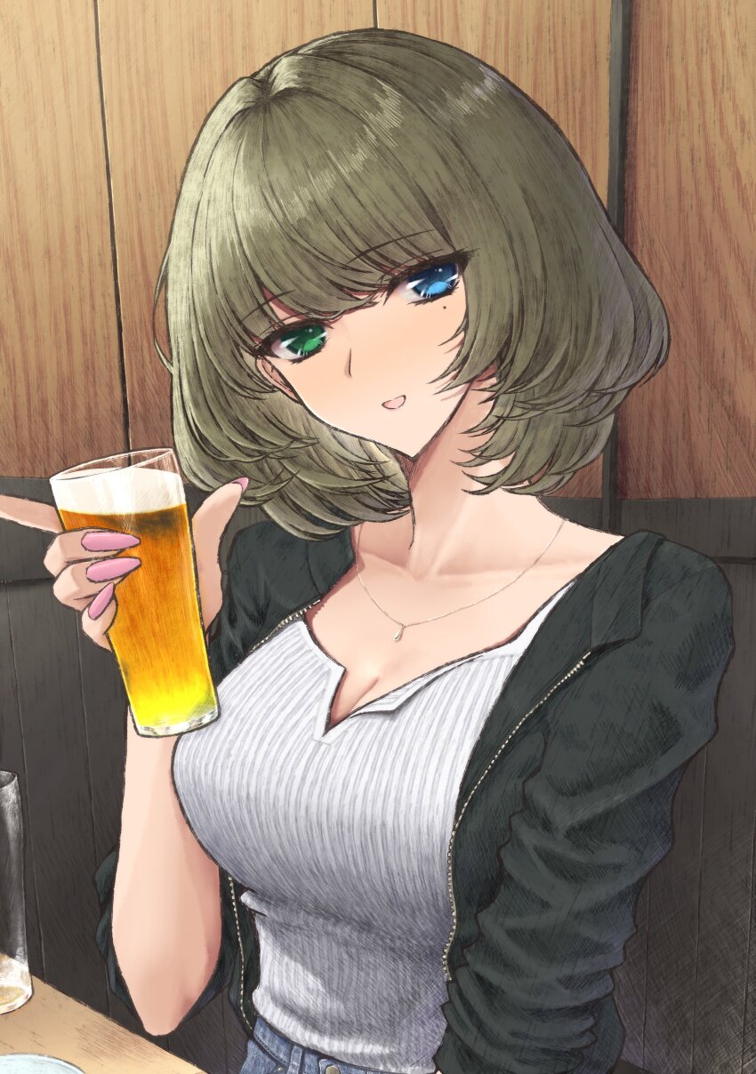 1girl absurdres aramachi beer_mug black_jacket blue_eyes breasts cleavage collarbone cup green_eyes green_hair heterochromia highres holding holding_cup idolmaster idolmaster_cinderella_girls jacket jewelry looking_at_viewer medium_breasts mole mole_under_eye mug necklace open_mouth ribbed_shirt shirt short_hair sleeves_rolled_up smile solo takagaki_kaede unzipped white_shirt