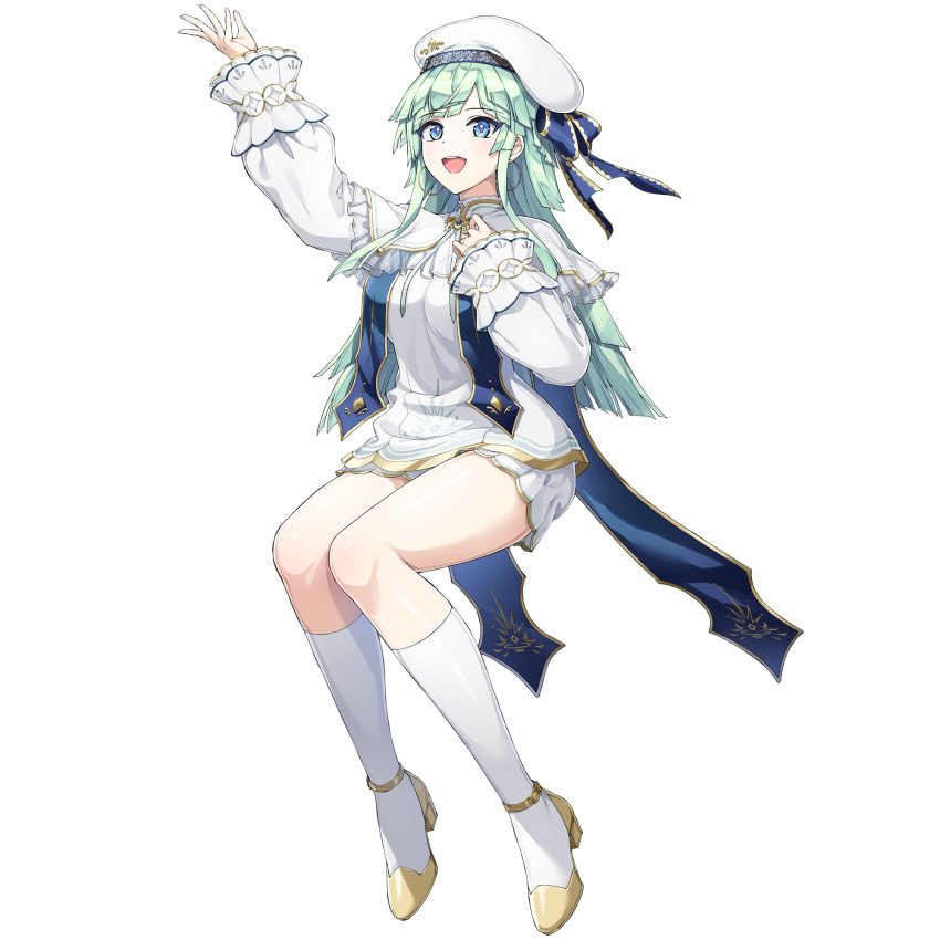 1girl ankle_socks arm_up beret blue_eyes blue_ribbon breasts dolphin_wave earrings game_cg green_hair grey_hair hat high_heels highres hoop_earrings jewelry kishimen_hair long_hair looking_at_viewer medium_breasts non-web_source ootomo_takuji open_mouth ribbon selena_lewis shirt skirt smile socks solo white_hat white_shirt white_skirt