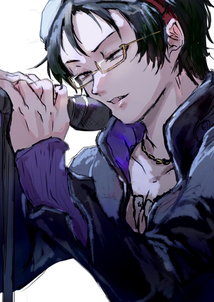 1boy black_hair glasses gnosia goggles green_hair highres holding holding_microphone jacket jewelry koyuuuuuuuuuuu long_sleeves male_focus microphone navel necklace sha-ming shirt short_hair smile solo upper_body