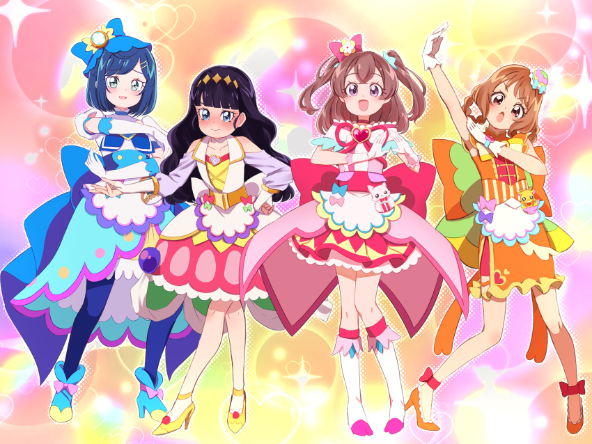 4girls ankle_boots apron aqua_eyes arm_up asa_no_ha_(pattern) ascot back_bow black_border black_hair blue_ascot blue_bow blue_dress blue_eyes blue_footwear blue_hair blue_pantyhose blunt_bangs blush bob_cut boots border bow bowtie braid bridal_gauntlets brooch brown_hair bun_cover chinese_clothes choker clothing_cutout commentary cosplay cure_finale cure_precious cure_precious_(cosplay) cure_spicy cure_spicy_(cosplay) cure_yum-yum cure_yum-yum_(cosplay) delicious_party_precure dress false_smile food frown fruit full_body fuwa_kokone gloves hair_bow hair_bun hair_ornament hair_rings hairclip hanamichi_ran hand_on_own_hip head_tilt heart heart_brooch high_heel_boots high_heels highres huge_bow jewelry kasai_amane knee_boots kome-kome large_bow leaning_forward long_hair long_sleeves looking_at_viewer medium_dress medium_hair mem-mem_(precure) multicolored_background multicolored_dress multiple_girls nagomi_yui neck_ribbon off-shoulder_dress off_shoulder open_mouth orange_(fruit) orange_bow orange_dress orange_shoes orange_slice own_hands_together pam-pam pantyhose precure puffy_short_sleeves puffy_sleeves purple_eyes raspberry red_bow red_bowtie red_choker red_dress red_eyes red_ribbon ribbon seigaiha self_cosplay shoes short_dress short_hair short_sleeves shoulder_cutout side-by-side sleeveless sleeveless_dress smile standing strawberry tearing_up toon_(noin) twin_braids two_side_up waist_apron white_bow white_choker white_footwear white_gloves yellow_shoes