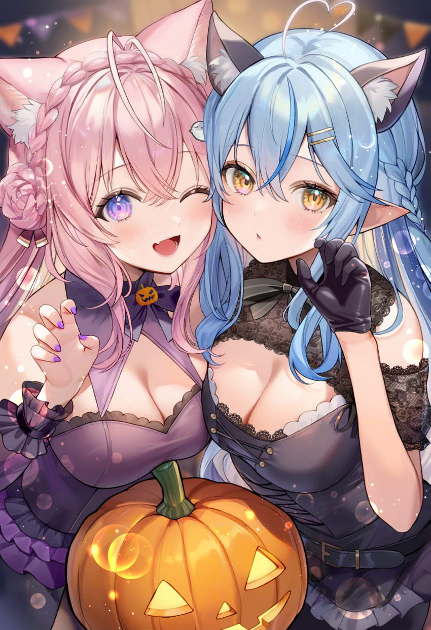 2girls ;d ahoge alternate_costume animal_ear_fluff animal_ears antenna_hair aria_(ariacue) belt black_belt black_gloves blue_hair blurry blurry_background braid braided_bun breasts cat_ears cat_girl cleavage cleavage_cutout clothing_cutout commentary_request cross-laced_clothes cross-laced_dress crossed_bangs crown_braid detached_sleeves double-parted_bangs double_bun dress fake_animal_ears fang frilled_dress frills gloves hair_between_eyes hair_bun hakui_koyori halloween hands_up heart heart_ahoge highres hololive jack-o&#039;-lantern lace lace-trimmed_dress lace_sleeves lace_trim large_breasts long_hair multicolored_hair multiple_girls nail_polish one_eye_closed open_mouth pink_hair pointy_ears puffy_detached_sleeves puffy_short_sleeves puffy_sleeves purple_dress purple_eyes purple_nails revision short_sleeves sidelocks skin_fang sleeveless sleeveless_dress smile streaked_hair upper_body very_long_hair virtual_youtuber wolf_ears wolf_girl yellow_eyes yukihana_lamy