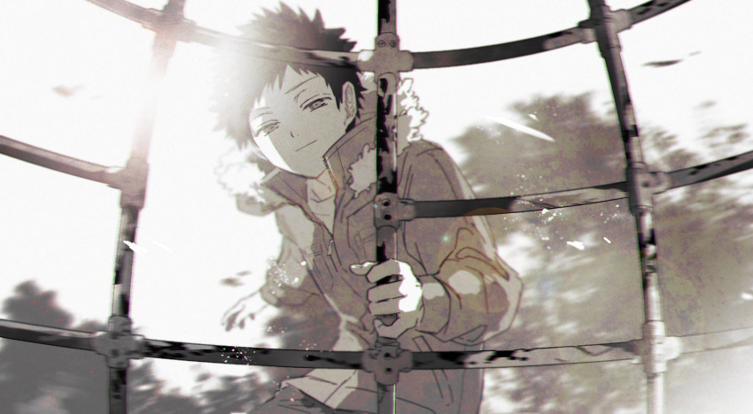 1boy day fur-trimmed_jacket fur_trim highres holding jacket kazama_souya kzmsnmjkk long_sleeves looking_at_viewer male_focus motion_blur outstretched_arm playground playing short_hair smile solo upper_body world_trigger zipper
