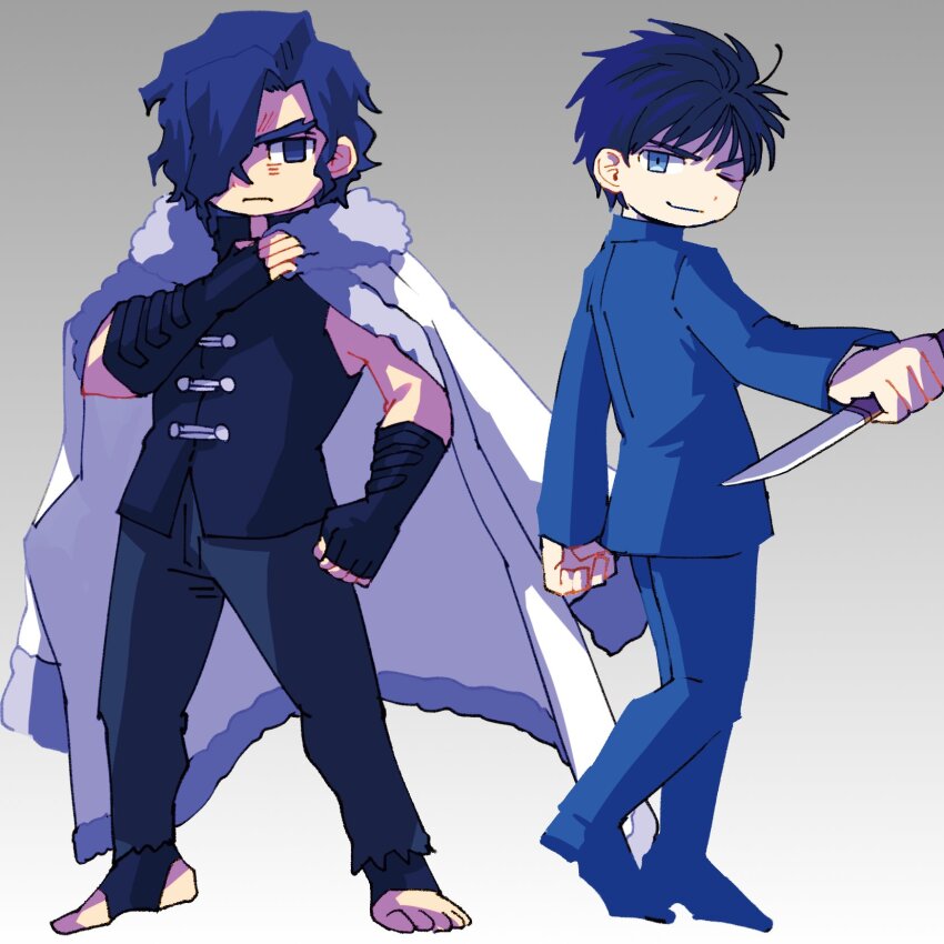 2boys barefoot black_hair black_shirt blue_eyes chibi coat expressionless fingerless_gloves fur_coat gloves highres holding holding_weapon kishima_kouma knife male_focus melty_blood multiple_boys muscular muscular_male nanatsu-yoru nanaya_shiki one_eye_closed school_uniform shirt sleeveless sleeveless_shirt smile smug troddenbyakiha tsukihime weapon white_coat