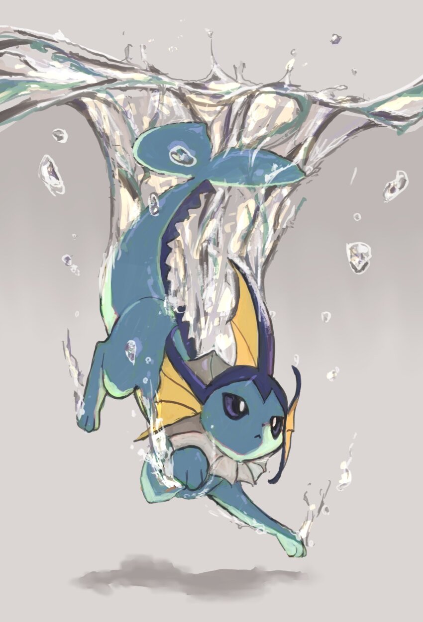air_bubble black_eyes bubble closed_mouth fins fish_tail full_body gen_1_pokemon grey_background head_fins highres looking_ahead nintendo no_humans oisisabatugun partially_underwater_shot pokemon pokemon_(creature) shadow solo splashing submerged swimming tail vaporeon water water_drop