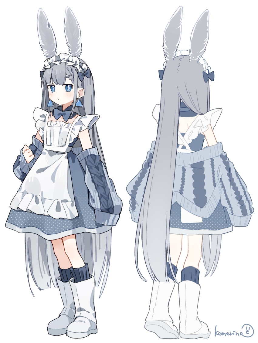 1girl absurdres apron boots bow bowtie dress earrings frilled_apron frills full_body grey_bow grey_bowtie grey_dress grey_hair grey_socks highres jacket jewelry knit_jacket komerina long_hair long_sleeves looking_at_viewer maid maid_apron maid_headdress multiple_views off_shoulder open_clothes open_jacket original sea_slug_ears sea_slug_girl simple_background sleeveless sleeveless_dress sleeves_past_fingers sleeves_past_wrists socks standing triangle_earrings very_long_hair white_apron white_boots