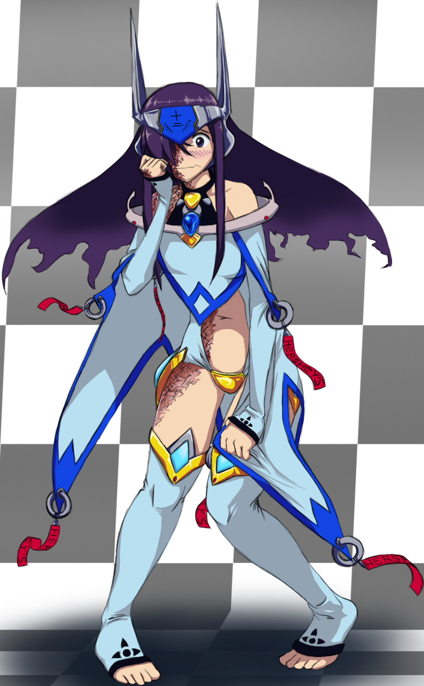 1girl arc_system_works bare_shoulders blazblue blush checkered_background cosplay crotch_plate detached_sleeves embarrassed female_focus forehead_protector hair_over_one_eye halterneck highres ikezawa_hanako katawa_shoujo long_hair mu-12 mu-12_(cosplay) navel purple_eyes purple_hair robot_ears scar solidcow solo thighhighs toeless_legwear toes wavy_mouth