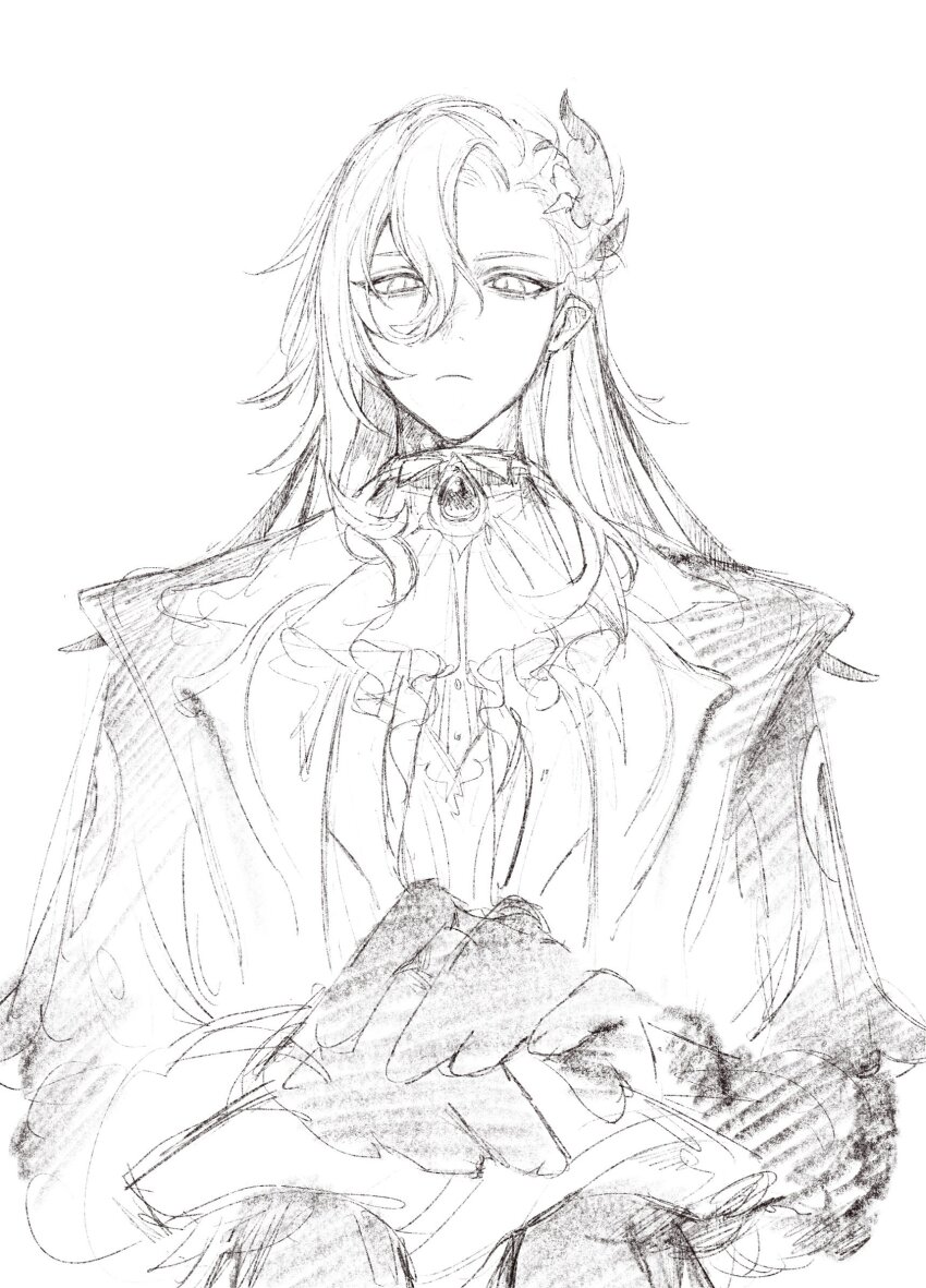 1boy ascot badge cane closed_mouth coat cowboy_shot feather_hair_ornament feathers genshin_impact greyscale hair_ornament highres kaimochi0839 long_hair long_sleeves looking_at_viewer monochrome neuvillette_(genshin_impact) parted_bangs pointy_ears sidelocks simple_background solo very_long_hair