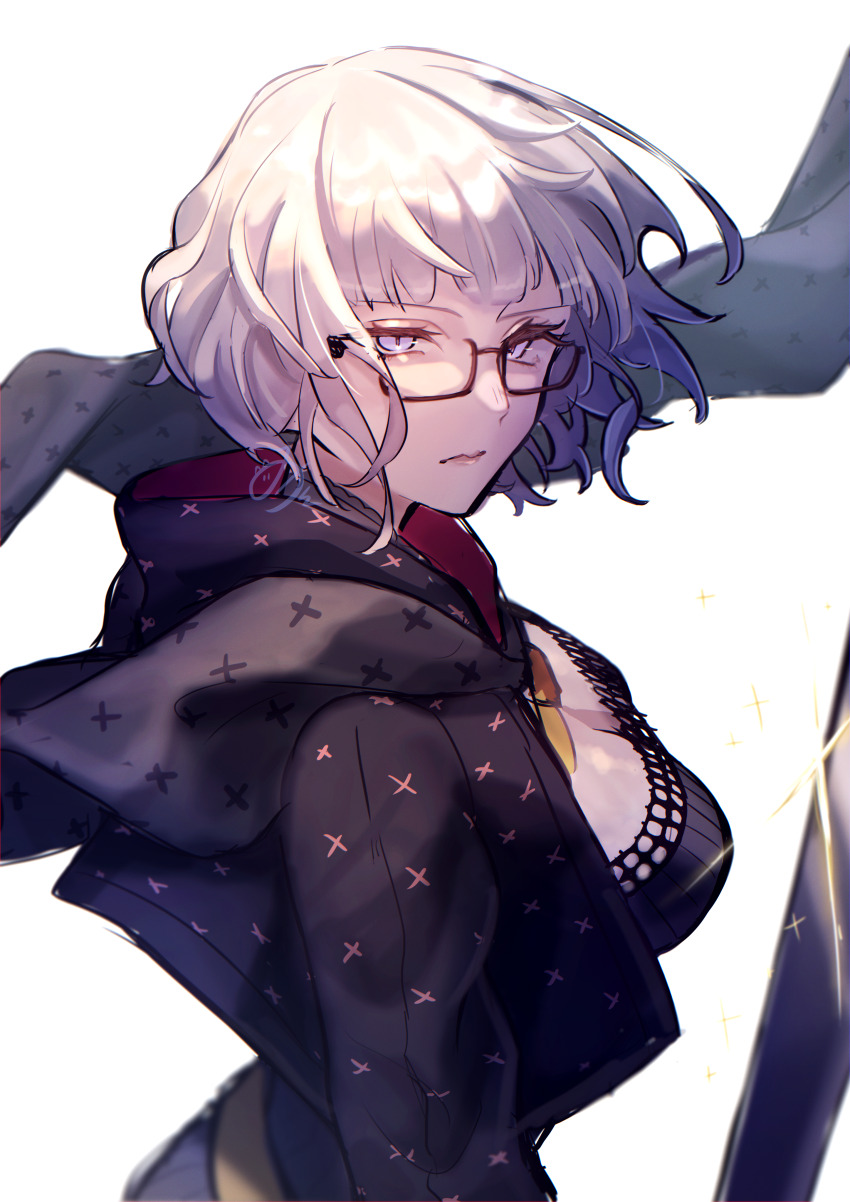 1girl absurdres blue_eyes breasts cleavage closed_mouth commentary_request fate/grand_order fate_(series) floating_hair from_side glasses glint grey_hair highres holding holding_sword holding_weapon jacques_de_molay_(foreigner)_(fate) jacques_de_molay_(foreigner)_(second_ascension)_(fate) miagawari011128 partial_commentary serious short_hair simple_background solo sparkle sword weapon white_background