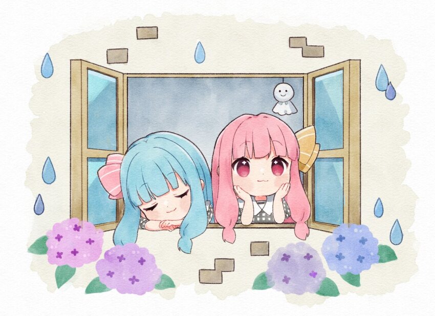 2girls :3 binchou_maguro blue_hair blunt_bangs blush_stickers chibi chibi_only closed_eyes closed_mouth collared_shirt commentary_request contrast_collar flower grey_shirt hair_ribbon head_rest hydrangea kotonoha_akane kotonoha_aoi long_hair multiple_girls pink_eyes pink_hair pink_ribbon plaid_clothes plaid_shirt rain ribbon shirt siblings sidelocks sisters smile teruterubouzu voiceroid yellow_ribbon