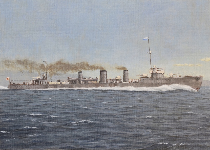 absurdres acrylic_paint_(medium) atelier_bono cannon destroyer flag highres imperial_japanese_navy kamikaze_(destroyer) mast military_vehicle ocean original painting_(medium) sailor ship ship_turret sky smoke smokestack traditional_media vehicle_focus warship watercraft