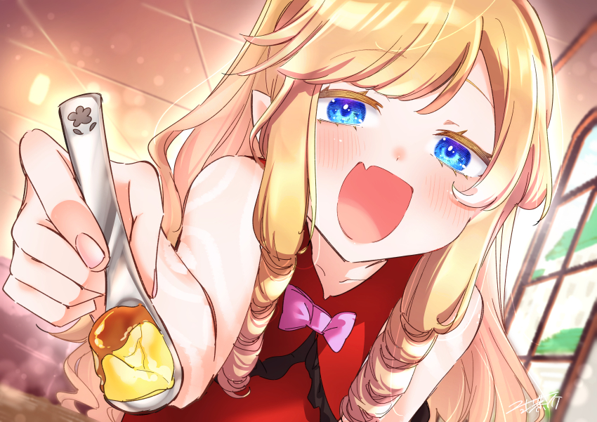 1girl :d absurdres bare_arms bare_shoulders blonde_hair blue_eyes blush bow ceiling collarbone day doctor_magus doctor_magus_4 dress etrian_odyssey fang feeding food highres holding holding_spoon indoors long_hair looking_at_viewer nikki_kyousuke open_mouth pink_bow red_dress ringlets sleeveless sleeveless_dress smile solo spoon tile_ceiling tiles very_long_hair window