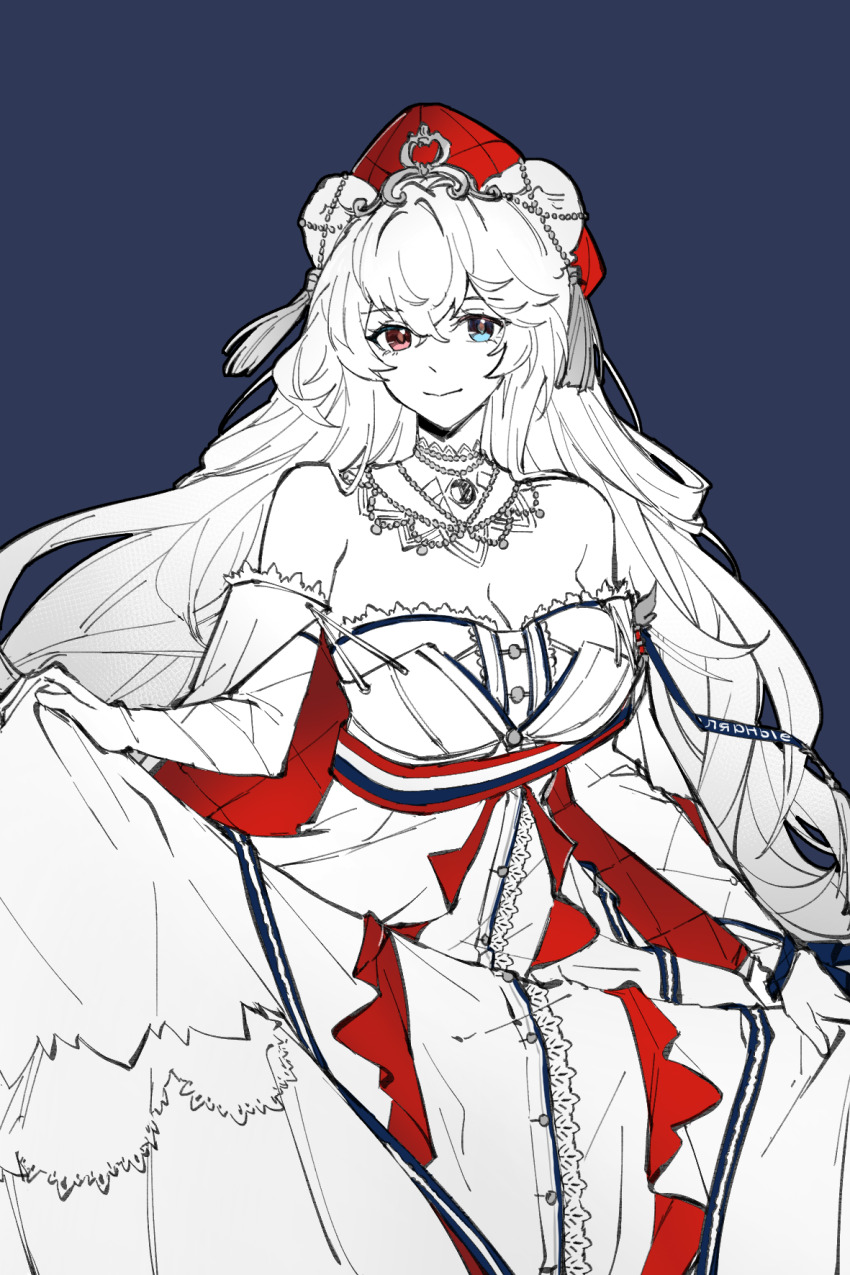 1girl animal_ears arknights bare_shoulders blue_background blue_eyes breasts chinese_commentary cleavage closed_mouth commentary_request crossed_bangs dress hair_between_eyes hair_ornament hat heterochromia highres large_breasts long_hair looking_at_viewer off_shoulder official_alternate_costume partial_commentary partially_colored piaoliu_ping_ping_ping_pingzi red_eyes red_hat rosa_(arknights) rosa_(masterpiece)_(arknights) simple_background skirt_hold smile solo standing tassel tassel_hair_ornament