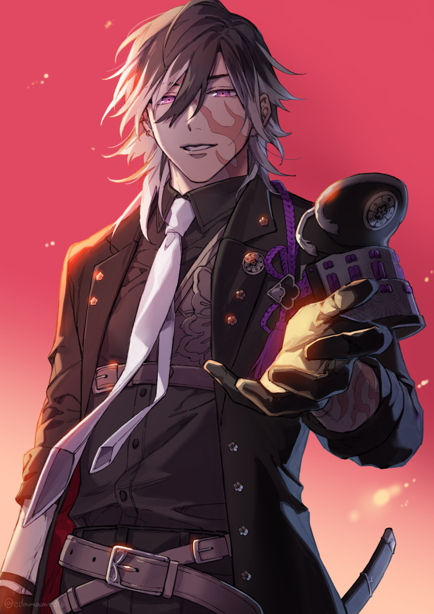 1boy belt bishounen black_coat black_hair black_pants black_shirt coat earrings edamameoishii grin hair_between_eyes highres jewelry jikkyuu_mitsutada long_hair male_focus multicolored_hair necktie offering_hand pants pink_background purple_eyes reaching reaching_towards_viewer scar scar_on_face shirt short_hair smile solo touken_ranbu white_hair white_necktie