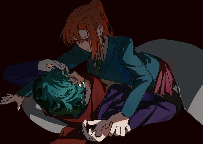 1boy 1girl alternate_eye_color aqua_eyes aqua_hair black_background blanket blazer blue_jacket braid chidouin_sara choker closed_mouth collared_shirt empty_eyes girl_on_top green_necktie hand_on_own_forehead high_ponytail highres hiyori_sou jacket kimi_ga_shine long_hair long_sleeves looking_at_another lying lying_on_person necktie on_back on_stomach open_clothes open_jacket orange_hair parted_bangs pillow pink_skirt pleated_skirt ponytail purple_jacket red_eyes red_scarf scarf school_uniform serious shirt short_hair side_part single_sidelock skirt straight_hair sweatdrop white_shirt yellow_shirt yellowmao0509