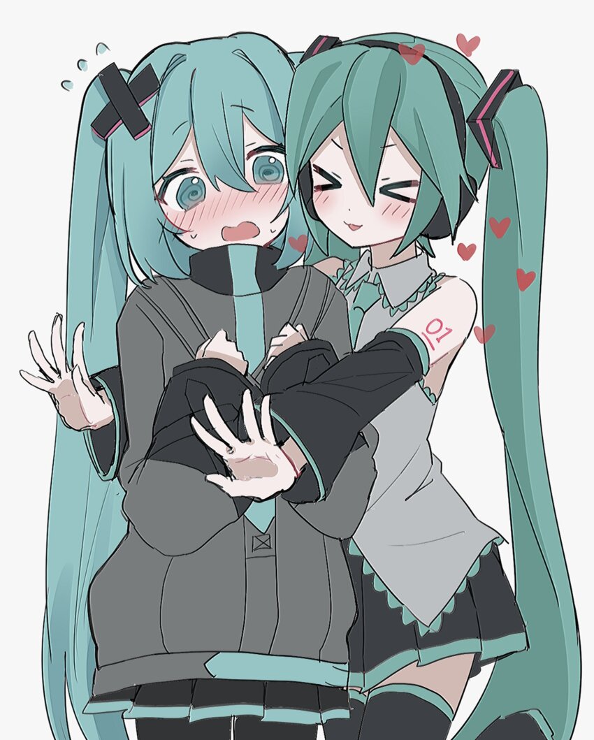 &gt;_&lt; 2girls @_@ aqua_eyes aqua_hair batsu_miku boots detached_sleeves grey_jacket grey_shirt hair_between_eyes hair_ornament hatsune_miku headphones heart highres hug jacket kowareta_sekai_to_utaenai_miku long_hair long_sleeves multiple_girls official_alternate_costume official_alternate_hairstyle open_mouth project_sekai shirt simple_background sleeveless sleeveless_shirt smile thigh_boots turtleneck turtleneck_jacket twintails very_long_hair vocaloid white_background x_hair_ornament yukia_1128