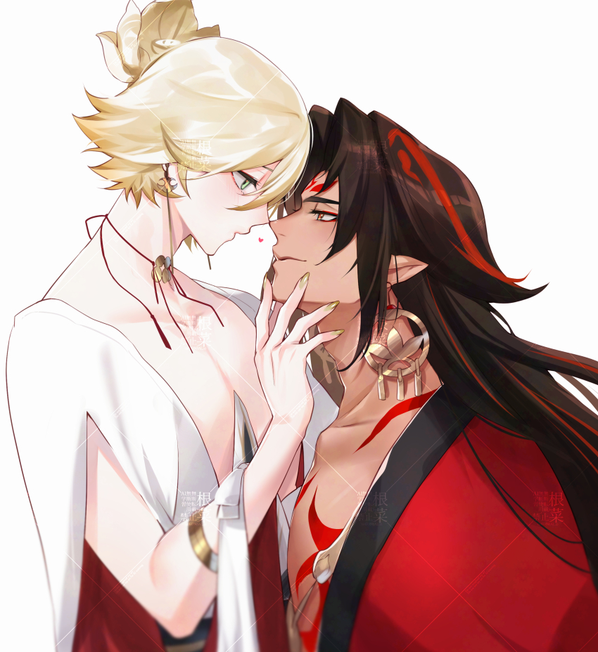 absurdres asura_(onmyoji) bishounen black_hair blonde_hair chest_tattoo closed_mouth collarbone commentary earrings eyeliner facial_mark from_side green_eyes hand_on_another&#039;s_chin heart highres jewelry konsai_2 long_hair looking_at_another makeup male_focus multicolored_hair muscular muscular_male onmyoji red_eyeliner red_hair red_tattoo short_hair simple_background skinny symbol-only_commentary taishakuten_(onmyoji) tattoo trap two-tone_hair upper_body white_background yellow_nails