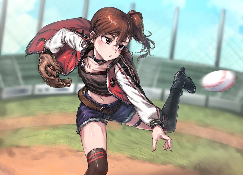 1girl absurdres baseball baseball_field baseball_glove belt belt_buckle black_boots black_choker black_shirt black_thighhighs blue_sky blurry blurry_background boots brown_belt brown_hair buckle choker collarbone commentary_request commission day denim denim_shorts floating_clothes futami_mami highres hold111 idolmaster idolmaster_(classic) idolmaster_million_live! idolmaster_million_live!_theater_days jacket jewelry korean_commentary leg_up letterman_jacket long_sleeves midriff navel necklace open_clothes open_jacket outdoors parted_lips shirt short_hair shorts side_ponytail sky solo standing standing_on_one_leg star_(symbol) star_necklace thigh_strap thighhighs throwing torn_clothes torn_shorts