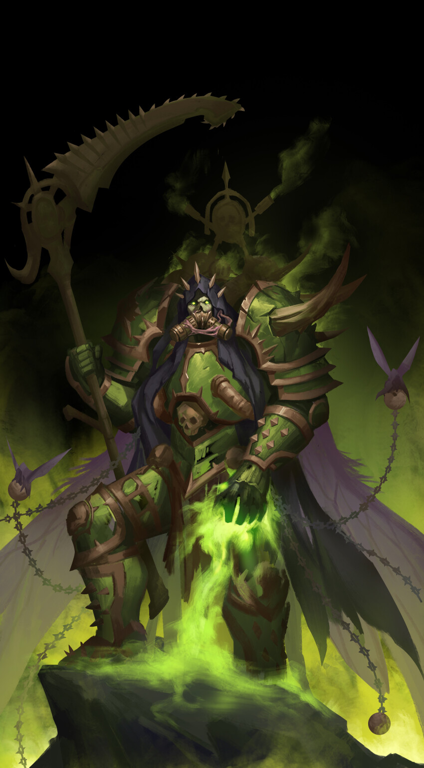 1boy absurdres armor armored_boots boots breastplate captain_morgan_pose carrying censer chain chaos_(warhammer) cloak commentary commentary_request couter cuirass cuisses damaged death_guard demon_primarch demon_wings english_commentary flying fumes gauntlets glowing glowing_eyes gradient_background greaves green_armor green_background green_eyes green_theme highres holding holding_scythe holding_weapon hood hooded_cloak insect_wings layered_armor leg_armor leg_up magic male_focus mask mortarion moth_wings no_pupils nurgle on_rock outdoors pauldrons pelvic_curtain poleyn power_armor primarch purple_hood rebreather rerebrace respirator rot_fly scythe shoulder_armor silence_(weapon) skull skull_ornament slime_(substance) solo spiked_armor spiked_hood spiked_pauldrons spikes standing straight-on veins warhammer_40k weapon wings zhangke_24
