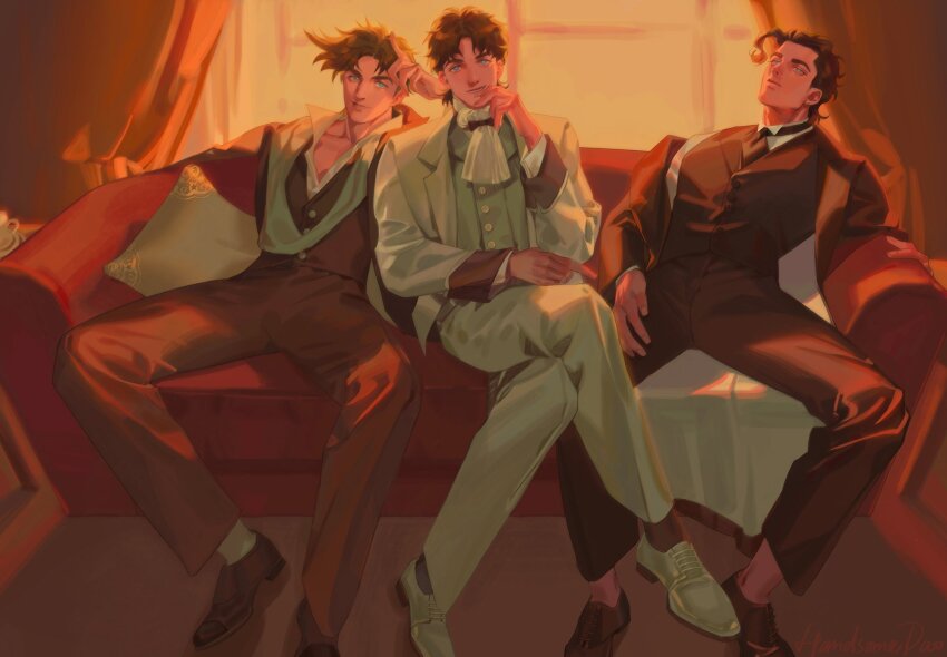 3boys ascot battle_tendency black_hair black_jacket black_necktie black_pants black_vest blue_eyes brown_hair buttons closed_mouth couch european_clothes formal_clothes handsomedao highres indoors jacket jojo_no_kimyou_na_bouken jonathan_joestar joseph_joestar joseph_joestar_(young) kuujou_joutarou long_sleeves looking_at_viewer male_focus multiple_boys necktie on_couch open_clothes open_jacket pants phantom_blood shoes short_hair sitting smile socks stardust_crusaders suit vest