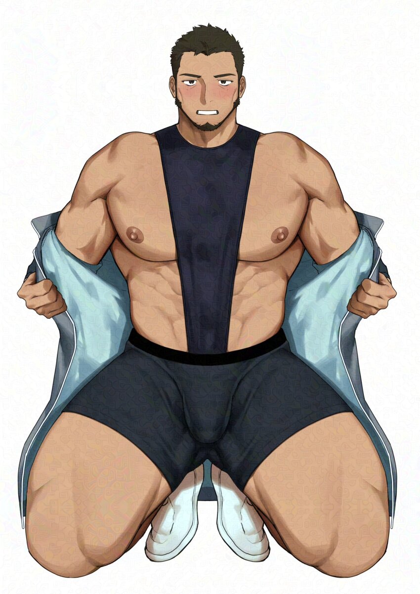 1boy abs bara bare_pectorals beard blush boxers coat covered_penis facial_hair full_beard goburin_second highres huge_pectorals kneeling looking_at_viewer male_focus male_underwear muscular muscular_male nipples open_clothes open_coat original paid_reward_available pectorals presenting_pectorals sanpaku shirt short_hair sleeveless sleeveless_shirt solo thick_eyebrows thick_thighs thighs underwear undressing