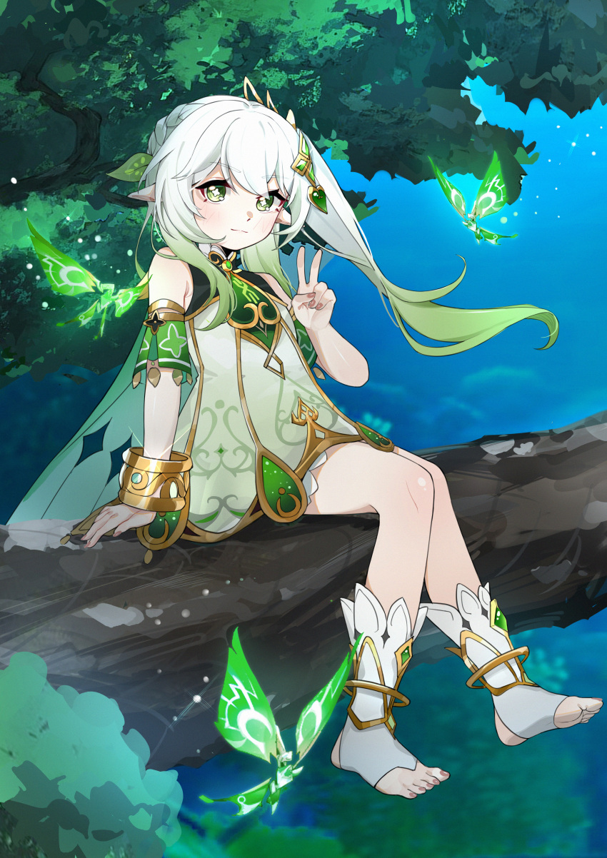 1girl absurdres bare_shoulders blue_sky blush bracelet closed_mouth commentary_request crystalfly_(genshin_impact) day detached_sleeves dress fingernails full_body genshin_impact gold gradient_hair green_eyes green_hair green_sleeves hair_between_eyes hand_up highres in_tree jewelry looking_at_viewer multicolored_hair nahida_(genshin_impact) on_branch outdoors side_ponytail sitting_on_branch sky sleeveless sleeveless_dress solo stirrup_legwear symbol-shaped_pupils three_quarter_view toeless_legwear toenails toes tree v white_dress white_hair yueyueyue_yao